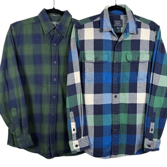 TWO Flannel Shirts - American Eagle & Eddie Bauer Blue Green Plaid Size Small - Picture 1 of 9
